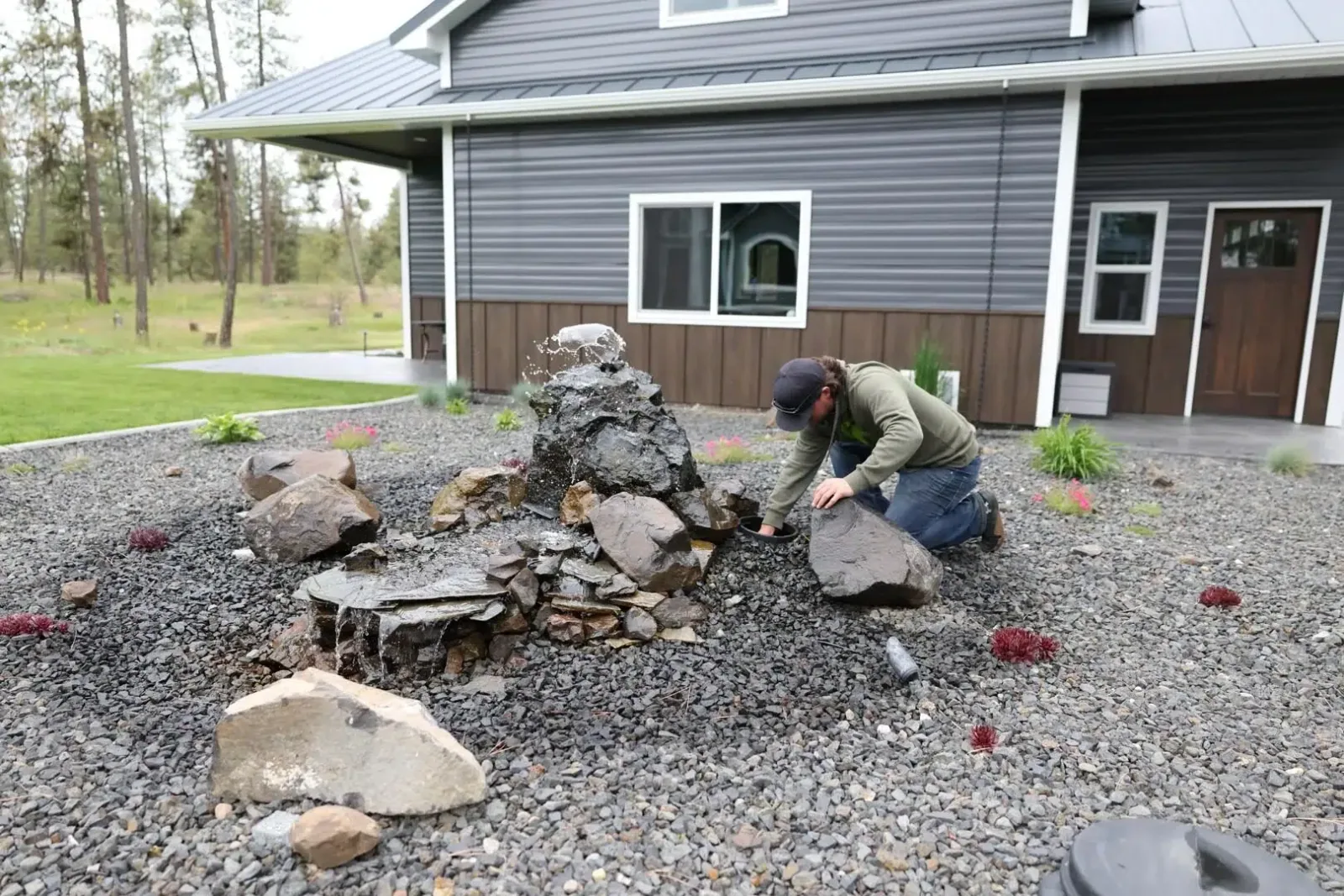 technician installs a backyard water feature